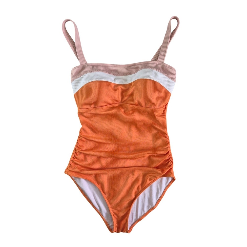 Aidonger Womens Ribbed Colorblock One Piece Swimsuit Orange Pink White Size M‎